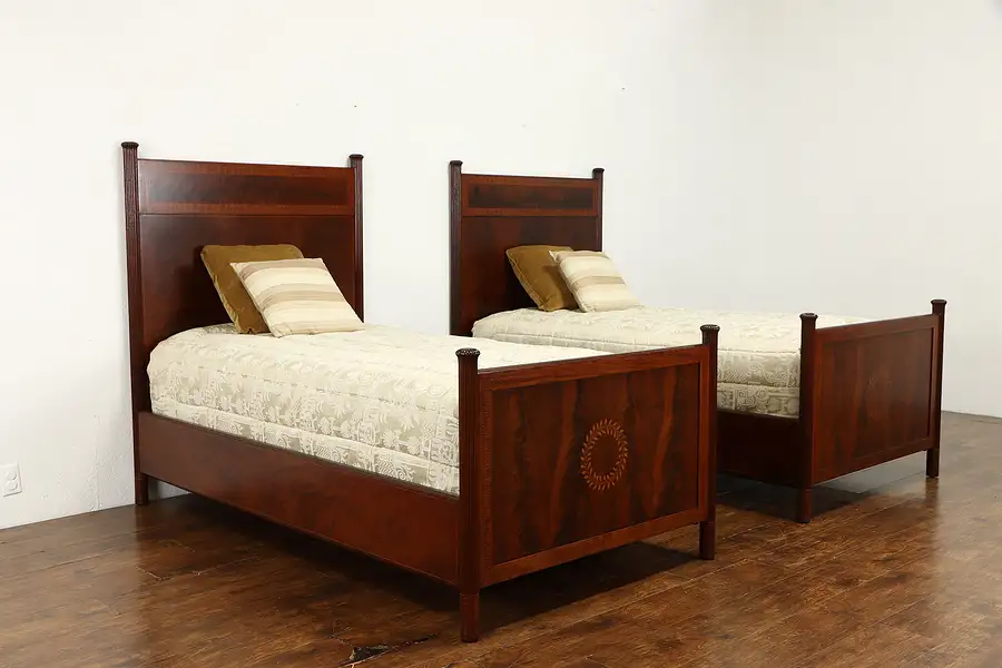 Main image of Pair of Antique Flame Mahogany & Marquetry Twin Beds, Herter