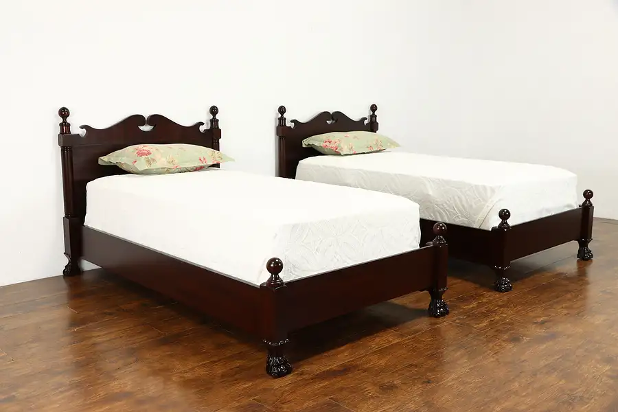 Main image of Pair of Vintage Empire Mahogany Twin or Single Size Beds, Lion Feet