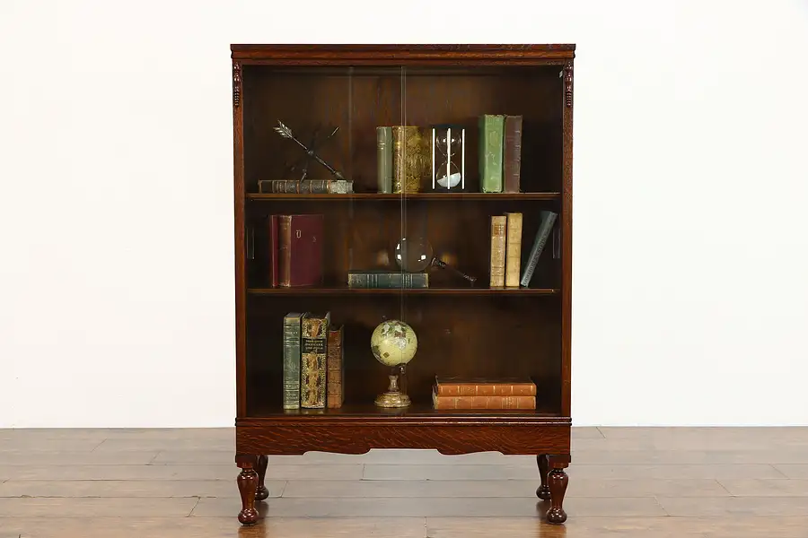 Main image of English Tudor Antique Oak Office Bookcase, Sliding Glass Doors, Macey