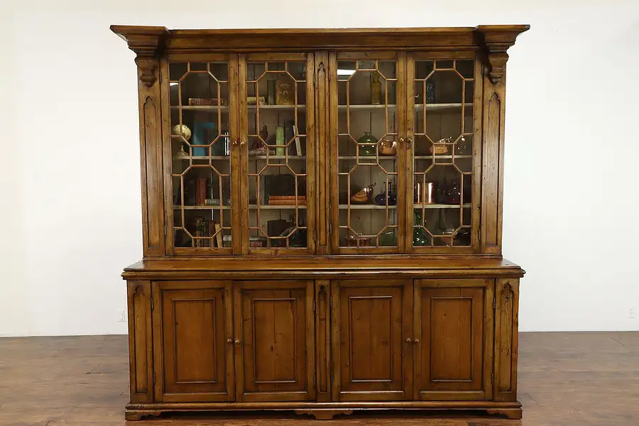 Main image of Farmhouse Antique Pine Breakfront China Cabinet, Back Bar, Bookcase