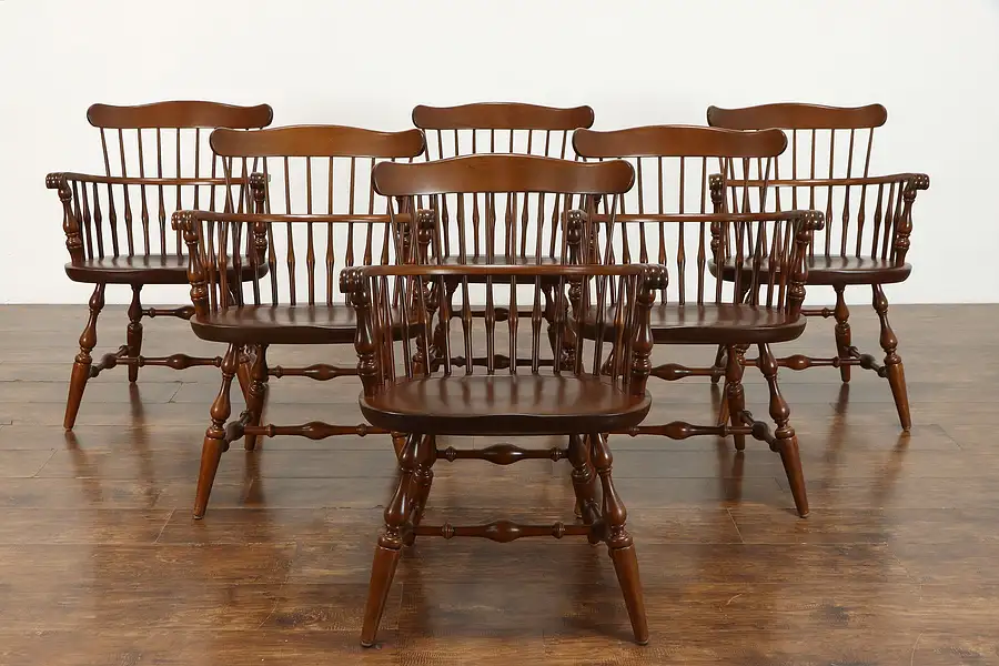 Main image of Set of 6 Vintage Windsor Birch Dining Chairs with Arms, Nichols & Stone