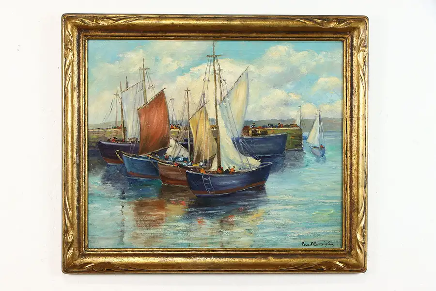 Main image of Fishing Boats at Harbor Original Antique Oil Painting, Stone 32"