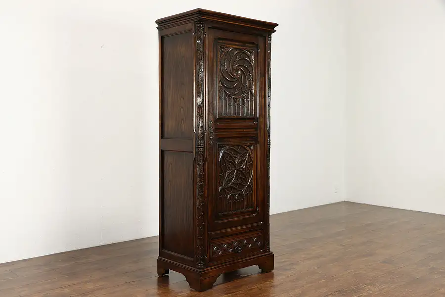 Main image of Gothic Carved Antique Flemish Chestnut Armoire, Closet, or Linen Cabinet