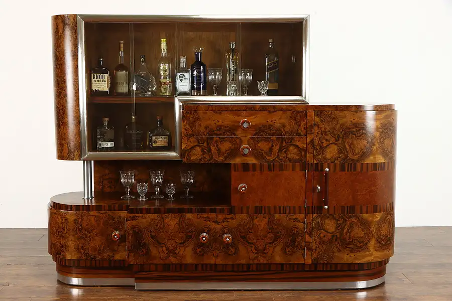 Main image of Art Deco Italian Antique Bar Cabinet, Olive Burl Rosewood, Bakelite Pulls