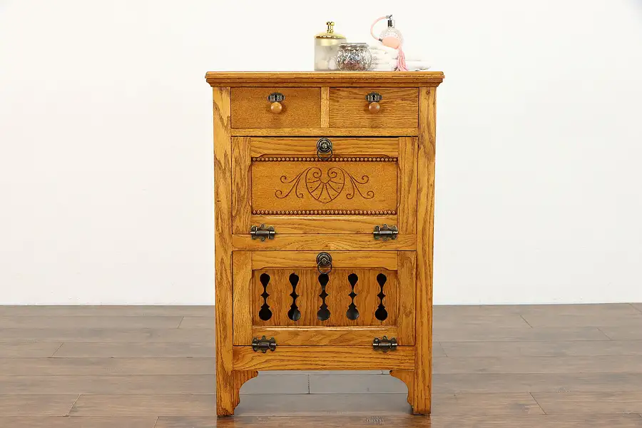 Main image of Victorian Eastlake Antique Oak Barber Shop Cabinet, Nightstand