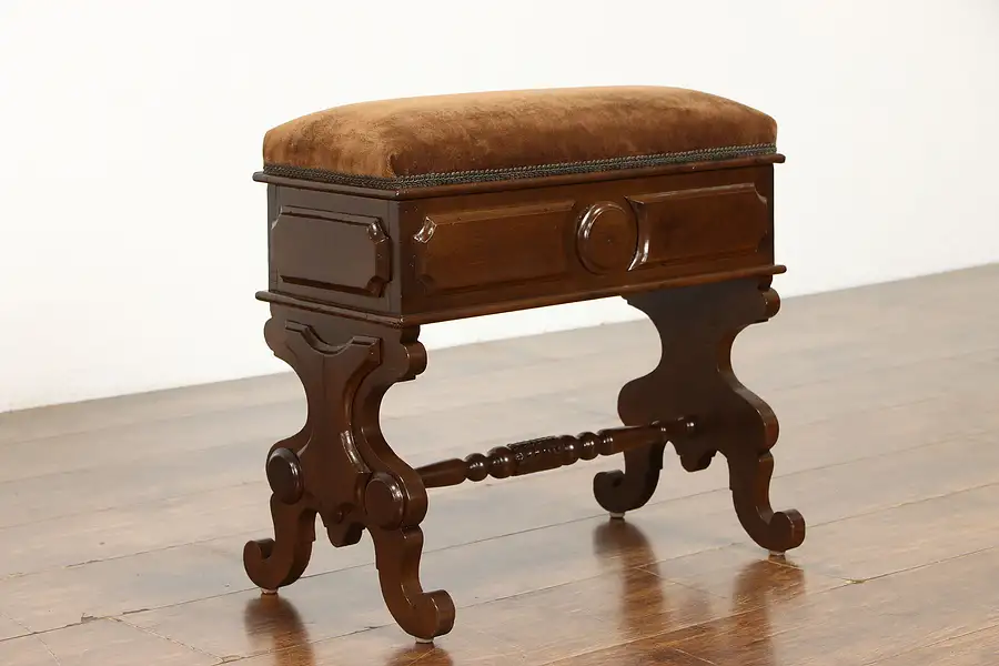 Main image of Victorian Antique Carved Walnut Slipper Bench With Storage Compartment