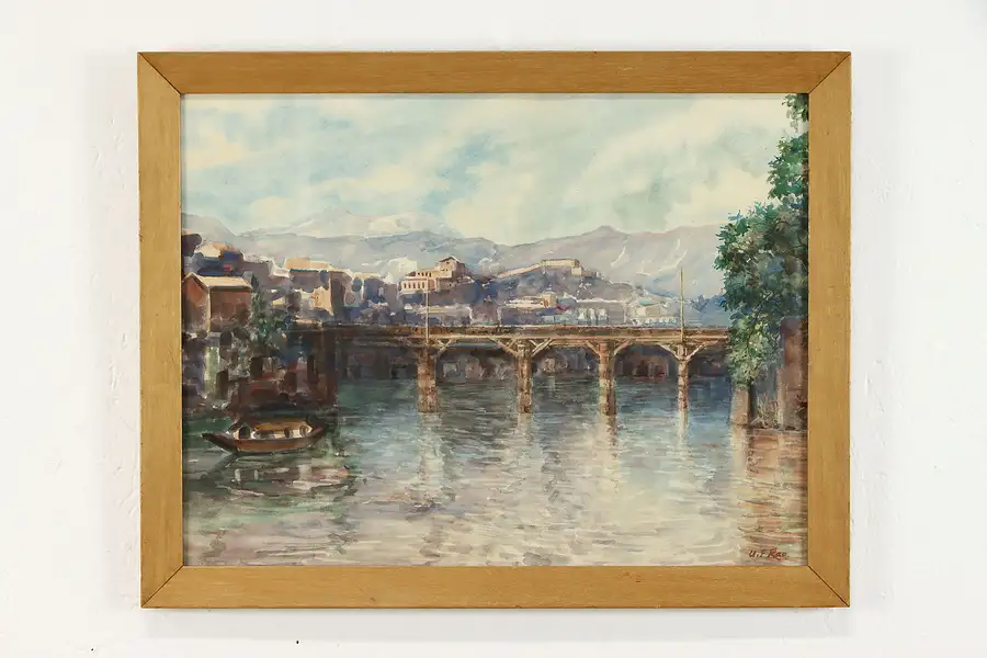 Main image of Bridge & Town Antique Original Watercolor Painting, Rao 21.5"