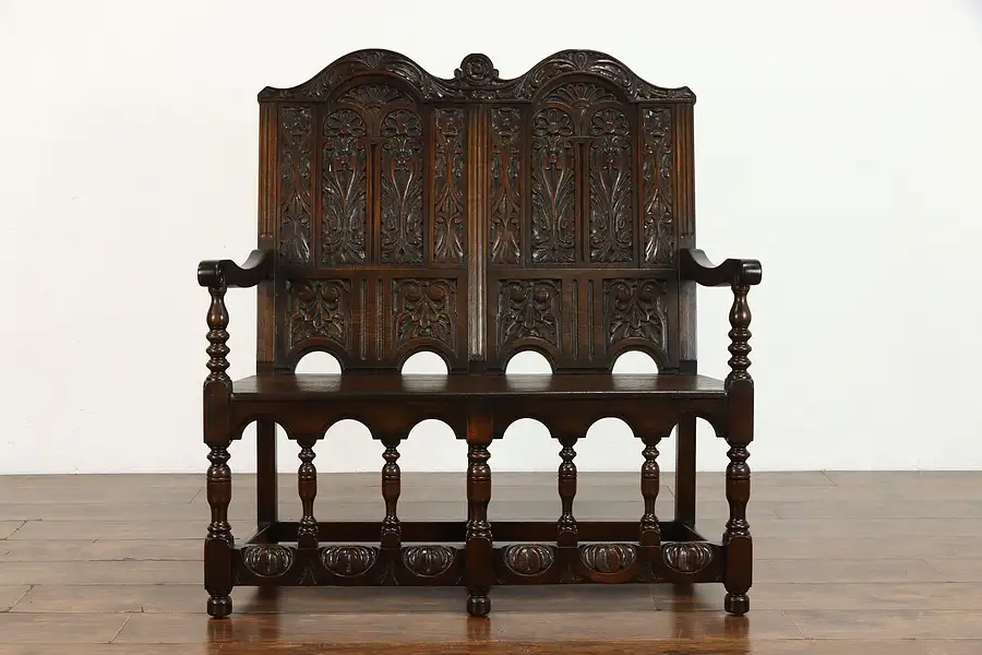 Main image of English Tudor Antique Carved Oak Hall or Entryway Bench, Paine of Boston