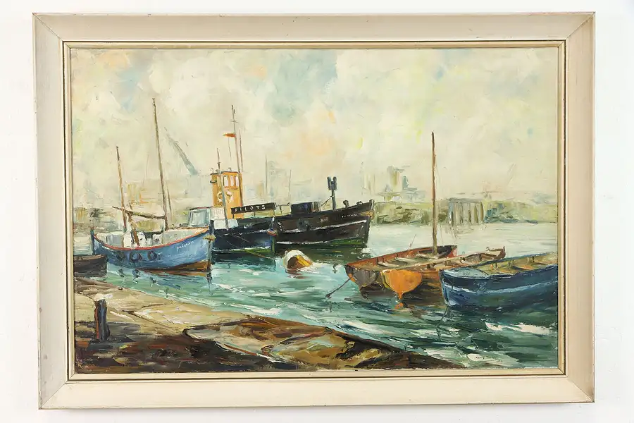 Main image of Fishing Boats at Harbor Original Vintage Oil Painting, 1966 Turner 40"