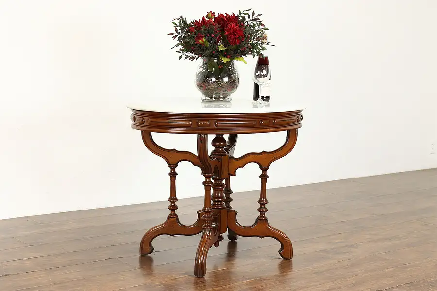 Main image of Victorian Antique Carved Walnut Oval Marble Top Hall, Lamp, Parlor Table