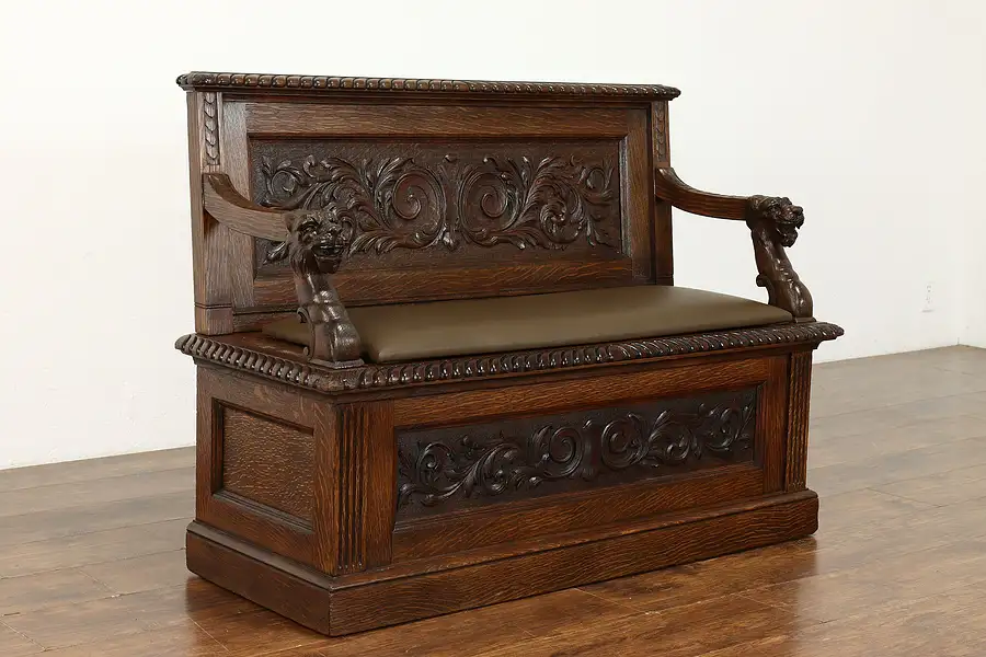 Main image of Black Forest Antique Oak Hall Bench, Carved Lions, Leather Seat, Storage