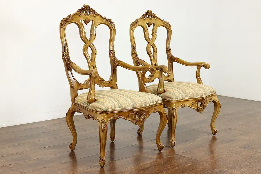 Main image of Pair of Farmhouse Country French Vintage Painted & Carved Armchairs