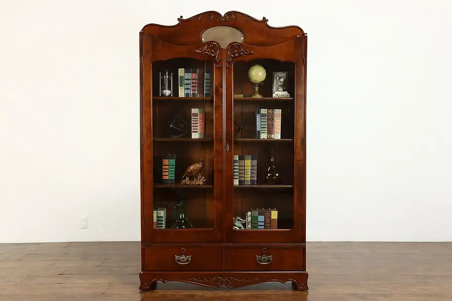 Main image of Victorian Antique Carved Birch Office or Library Bookcase, Curio Cabinet