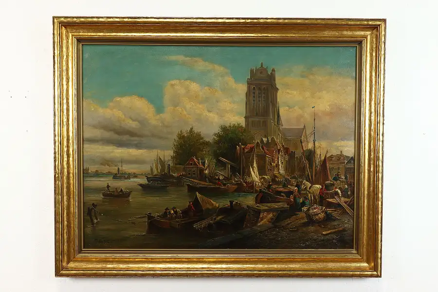 Main image of Cathedral and Docks in Germany Antique Original Oil Painting, Helmont 47"