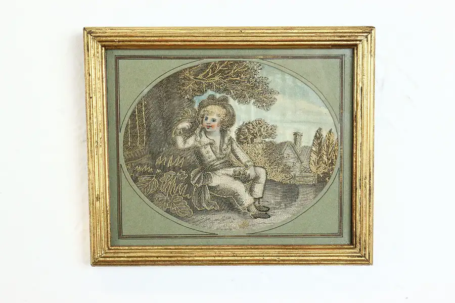 Main image of Framed Antique Needlework Miniature Painting on Silk of French Boy 7"