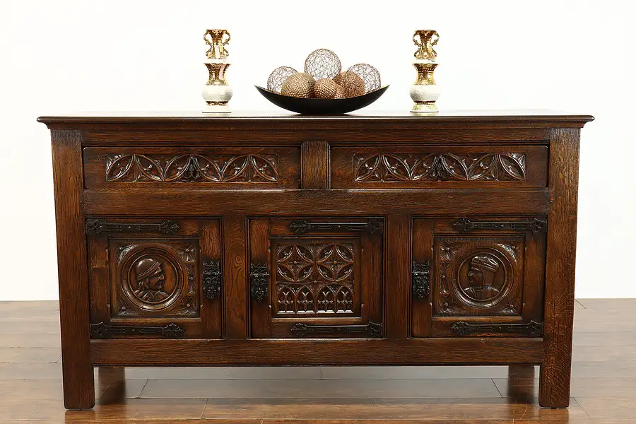 Main image of Gothic Carved Antique Oak Dutch Sideboard, Server, Buffet Bar, TV Console