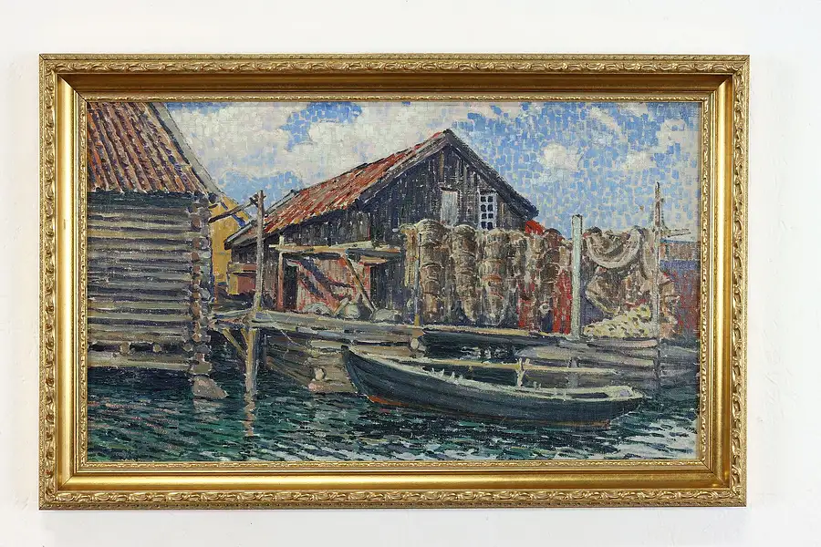 Main image of Harbor Scene Boat & Fishing Shanty Vintage Original Oil Painting, 27"