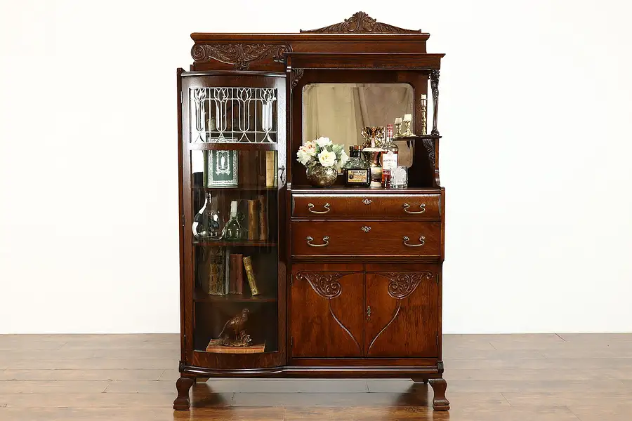 Main image of Victorian Antique Oak Side by Side Sideboard Curved Glass China Cabinet