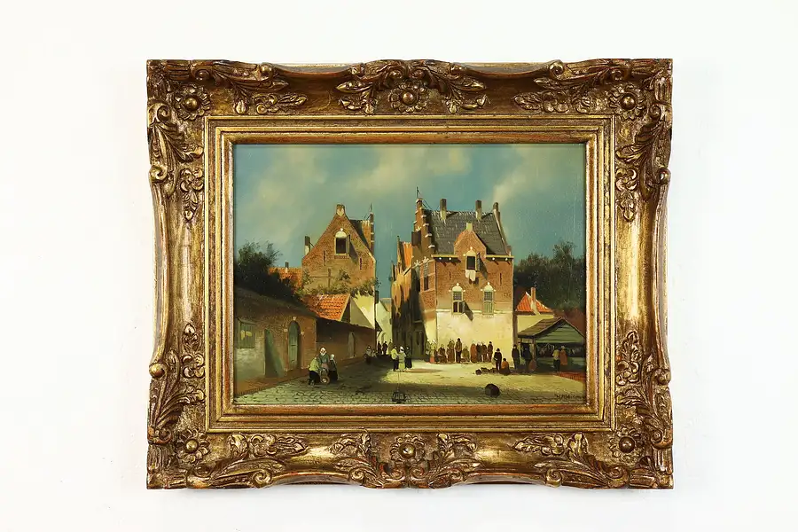 Main image of Dutch Village Street Scene Vintage Original Oil Painting, 23"