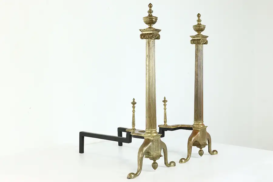 Main image of Pair of Antique Georgian Design Classical Brass Fireplace Andirons