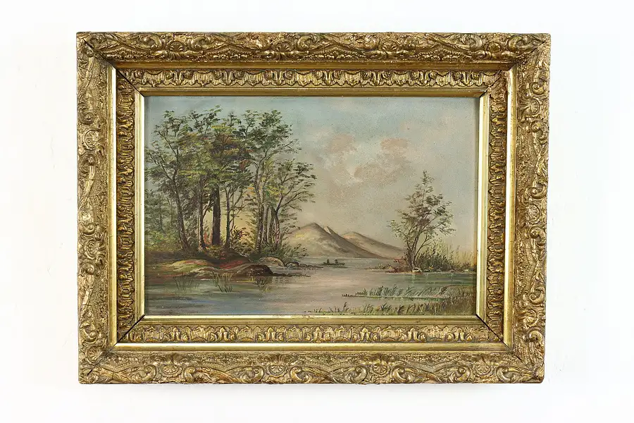 Main image of Lake, Mountain & Fisherman Victorian Antique Original Oil Painting 16.5"