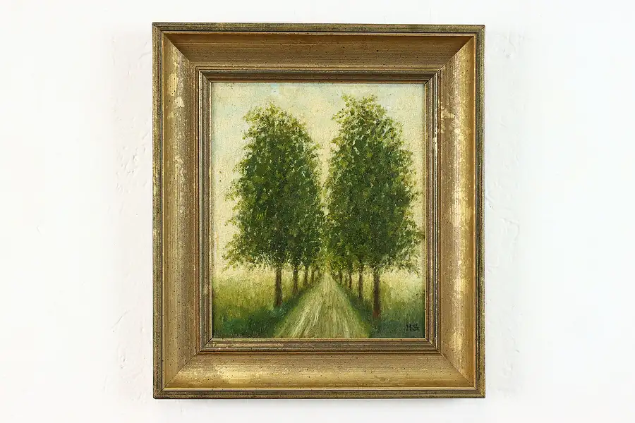 Main image of Tree Lined Road in Summer Vintage Original Oil Painting H. S. 13"