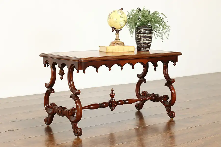 Main image of Georgian Style Vintage Carved Walnut Coffee Table, Tooled Leather Top