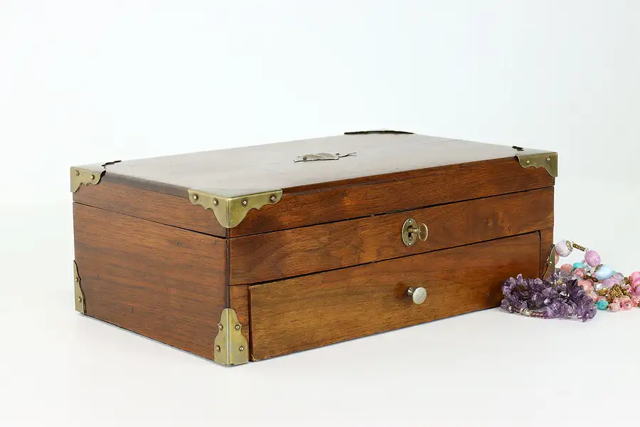 Main image of Victorian Antique English Walnut & Brass Jewelry Box or Collector's Chest