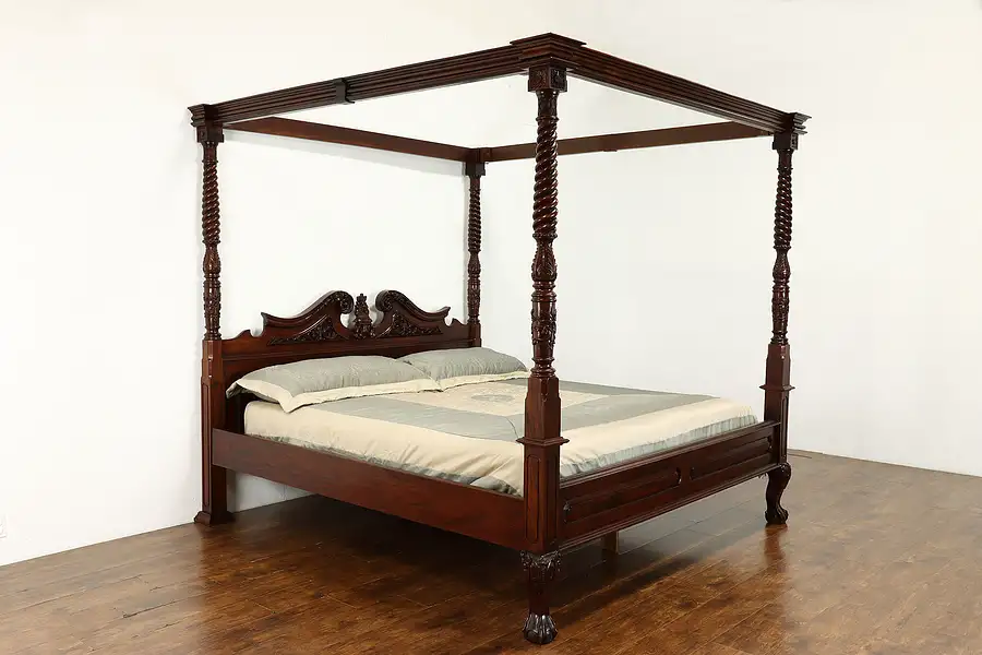 Main image of Renaissance Design Vintage Carved Mahogany 4 Poster King Size Canopy Bed