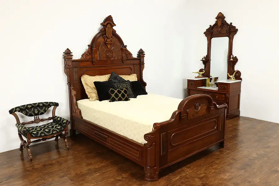 Main image of Victorian Renaissance Antique Walnut 3 Pc Bedroom Set, Marble, Queen Bed