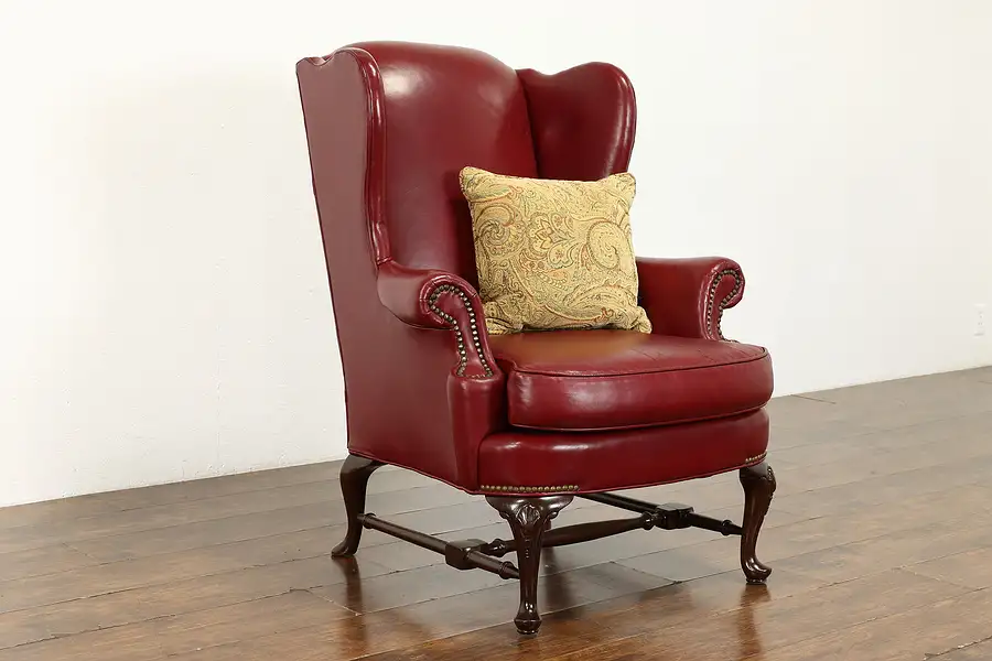 Main image of Georgian Style Vintage Burgundy Leather Wingback Chair, N Hickory