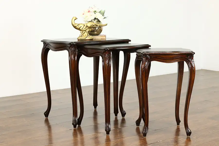 Main image of Set of 3 Vintage Country French Vintage Carved Nesting Snack Tables