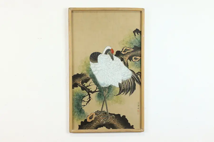 Main image of Red Crown Crane Antique Original Japanese Painting 32"