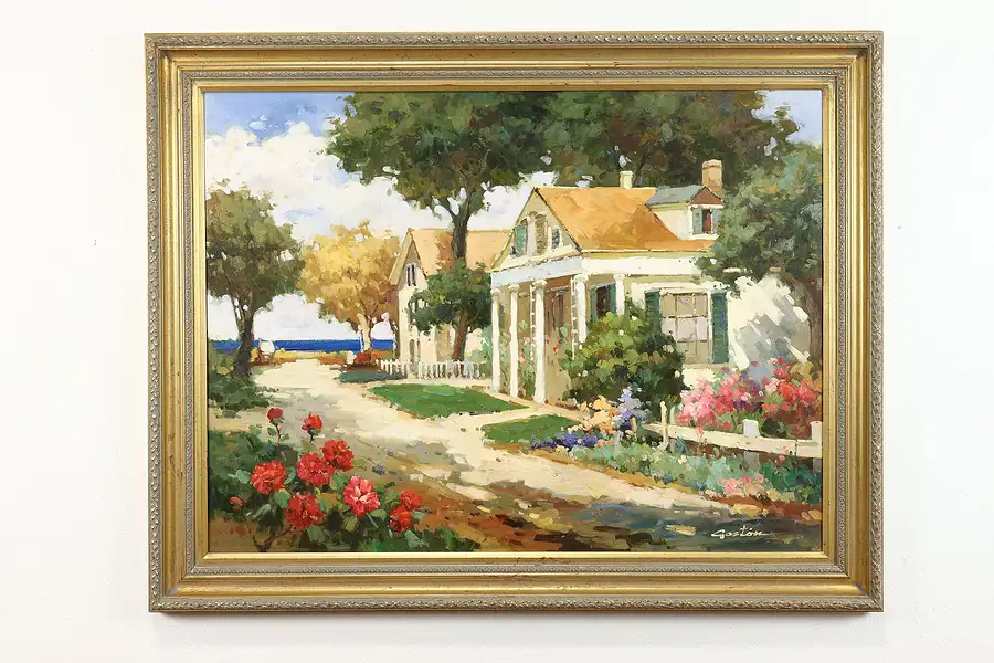 Main image of Cottages by Ocean Vintage Original Large Acrylic Painting, Gaston 56.5"