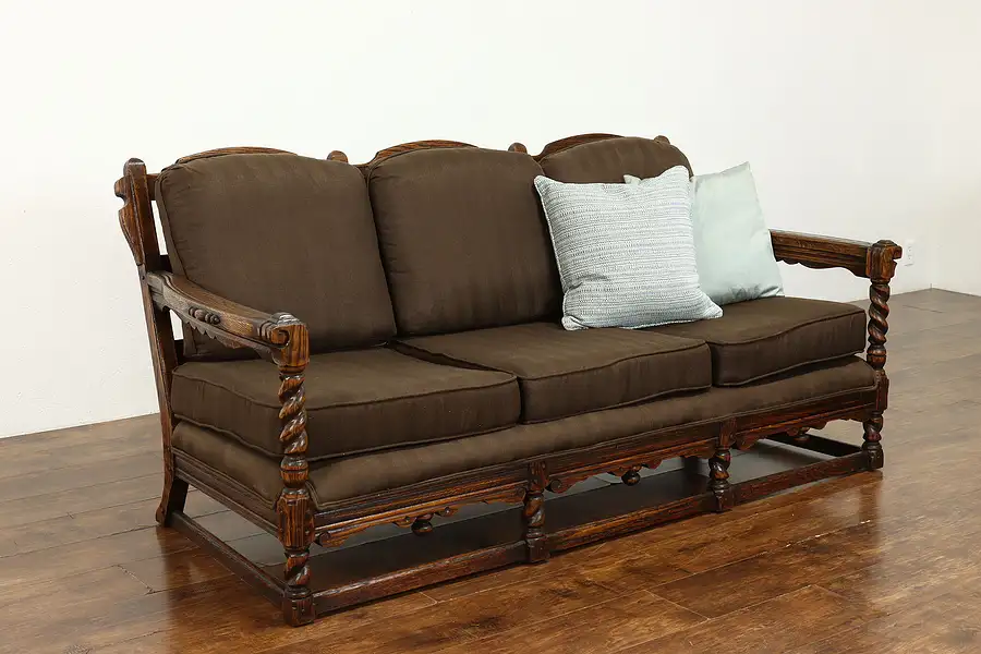 Main image of English Tudor Antique Carved Oak Club Sofa, Kittinger, Recent Upholstery