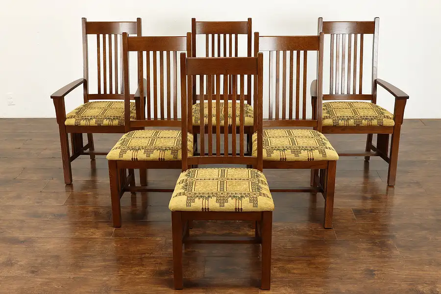 Main image of Set of 6 Arts & Crafts Style Vintage Dining Chairs, New Upholstery