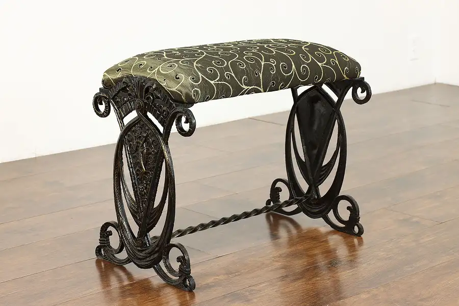 Main image of Art Deco Cast Iron Antique Bench or Stool with Pied Piper, New Upholstery