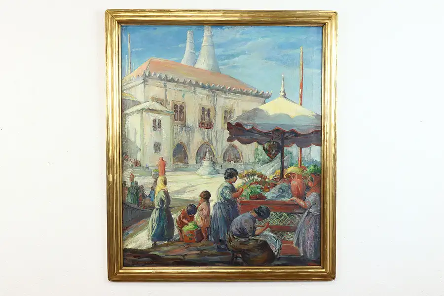 Main image of Palace & Portuguese Market Scene Antique Oil Painting, Williams 40"