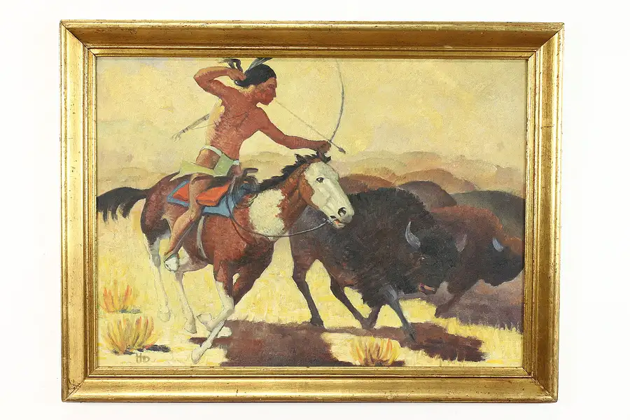 Main image of Native American Hunting Buffalo Antique Original Oil Painting, 34"