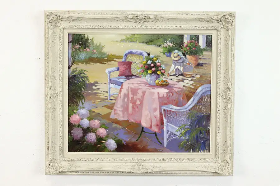 Main image of Patio in Summer Garden Vintage Original Oil Painting, Candi 31.5"