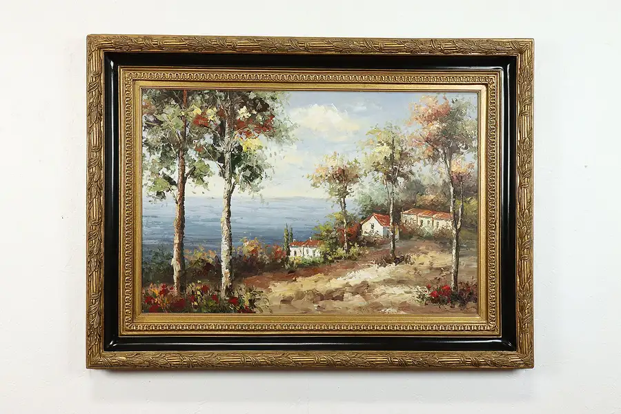 Main image of Seaside Cottages Vintage Original Acrylic Painting, Carved Frame 47"