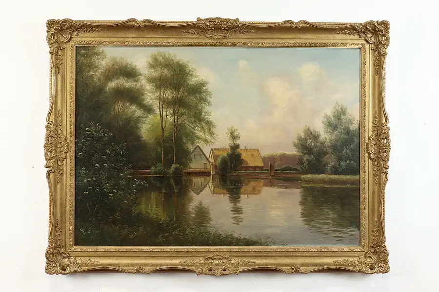 Main image of View Across a Mill Pond Antique Original Oil Painting, Ender 47.5"