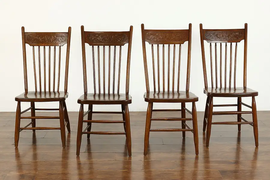 Main image of Farmhouse Set of 4 Victorian Antique Carved Elm Pressback Dining Chairs