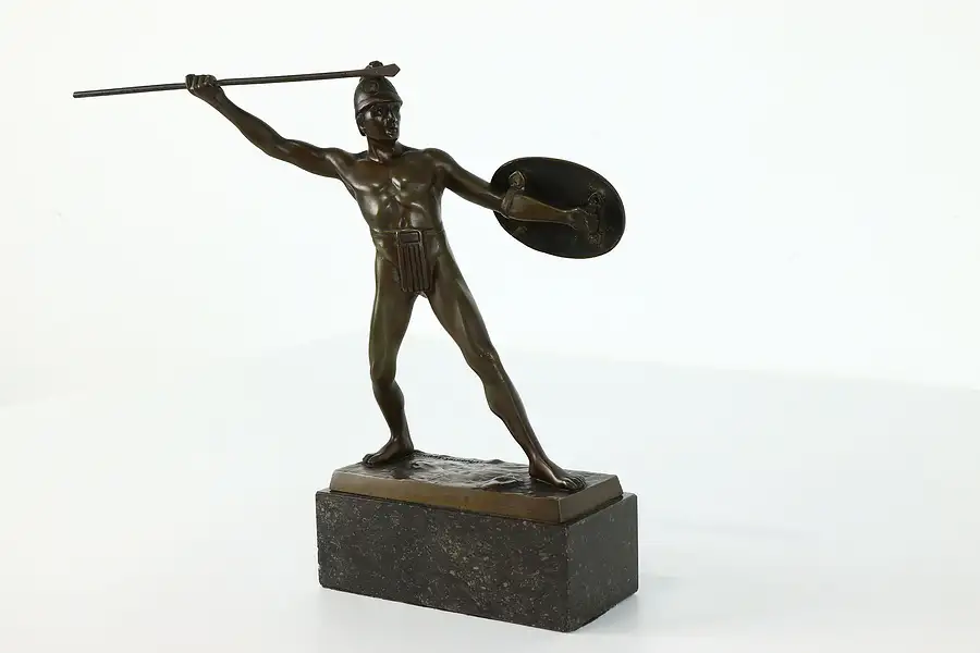 Main image of Bronze Antique Statue of Roman Soldier with Spear, Marble Base, W. Volz