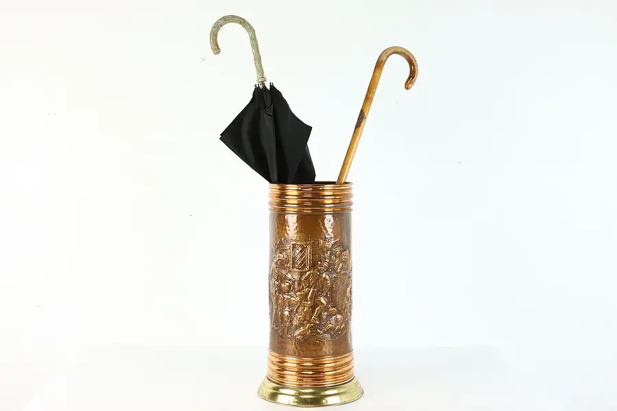 Main image of Hammered Copper Pub Scene Belgian Antique Umbrella & Cane Stand Mccan