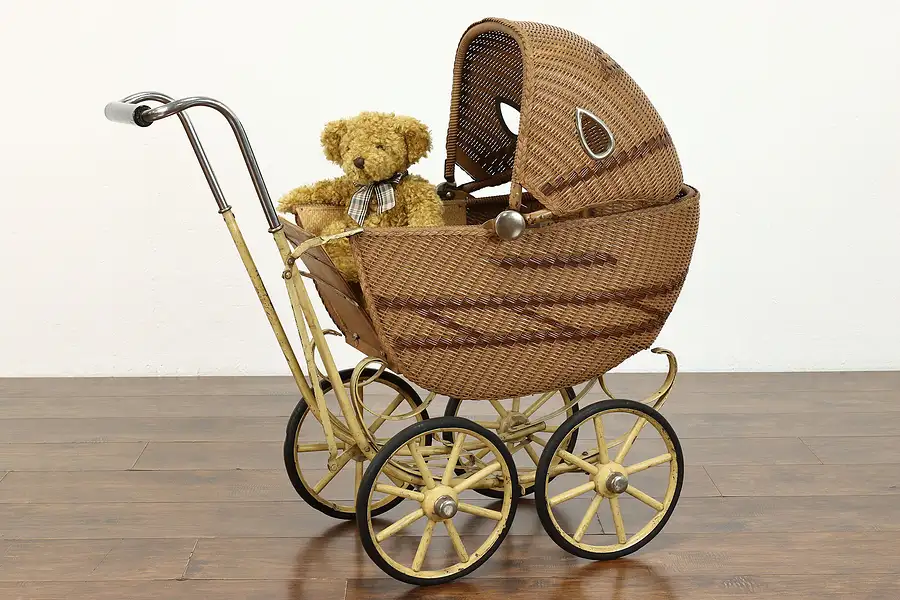 Main image of Art Deco Antique Wicker & Metal Baby Carriage or Stroller