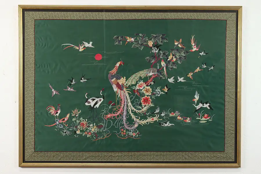 Main image of Chinese Vintage Framed Silk Embroidery Exotic Birds Scene 48.5"