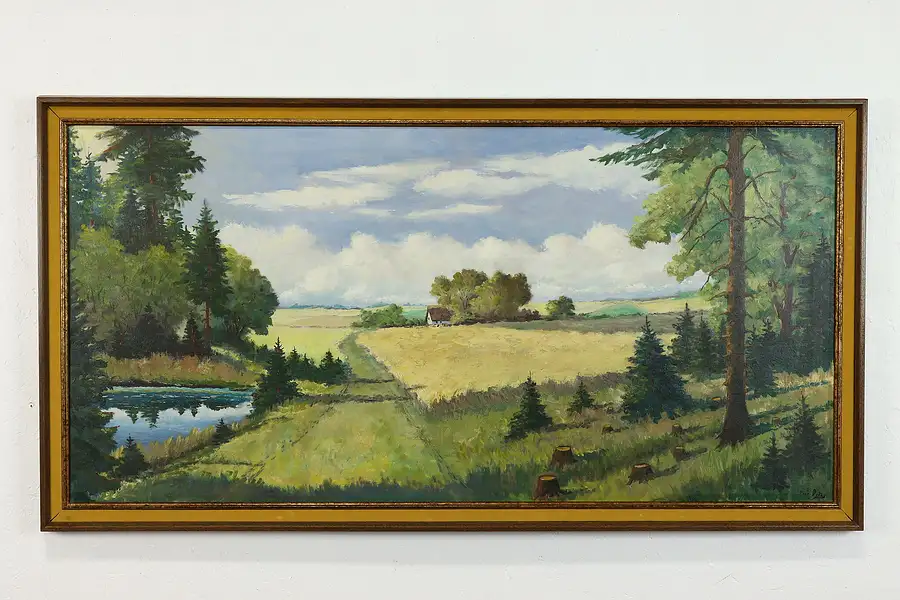 Main image of Farm Landscape with House Vintage Original Oil Painting, Signed 51.5"