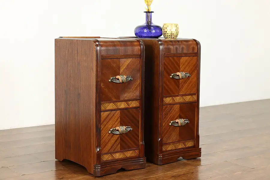 Main image of Pair of Art Deco Vintage Waterfall Nightstands End Tables, Bakelite Pulls