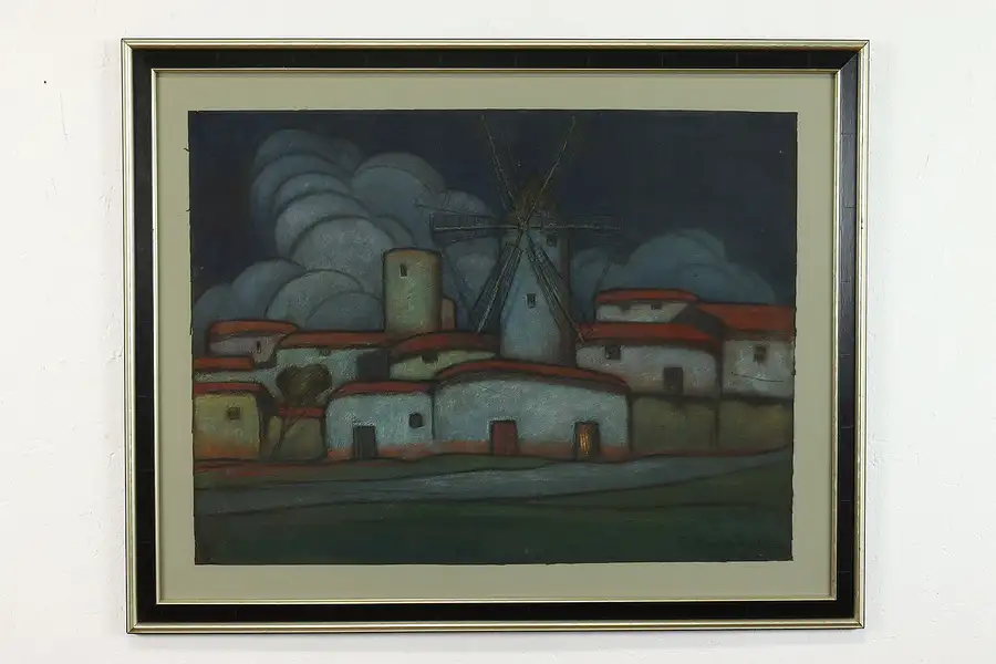 Main image of Palma Majorca Windmill Vintage Original Pastel on Paper, Ayllon 38.5"